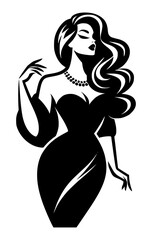 A vector silhouette of a stylish female model with long hair isolated on a white background.
