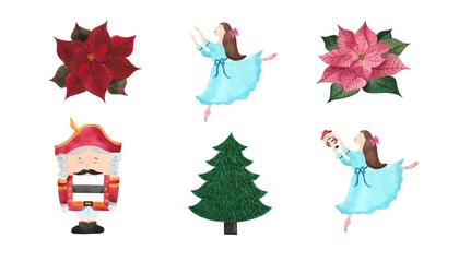 Watercolor winter decoration Fir tree, red poinsettia flowers, Nutcracker, dancing ballerina in pointe shoes Christmas plant with fairy tale characters for New Year design, greeting card Christmas toy