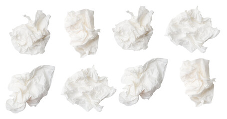 Top view set of screwed or crumpled white tissue paper balls isolated with clipping path in png...