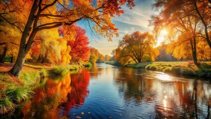 Obraz premium Autumn River Landscape: Golden Leaves and Calm Water