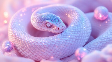 Fototapeta premium Mesmerizing coiled serpent with vibrant pink and blue iridescent scales captured in a close up macro shot showcasing the stunning texture and pattern of this exotic and captivating reptile