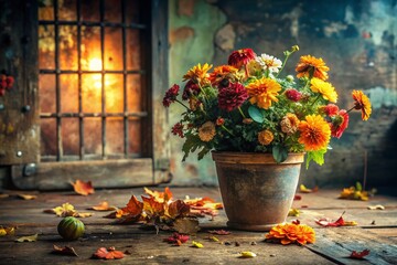 Fototapeta premium Autumn Still Life: Flower Pot & November Calendar, Urban Exploration Photography