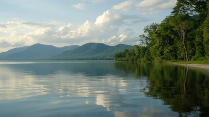 Serene lake view with mountainous backdrop and lush trees