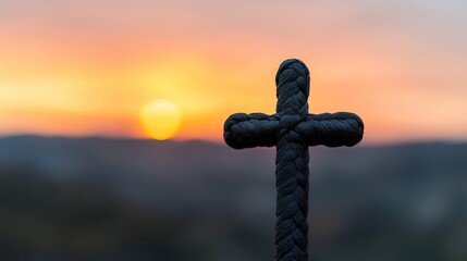 Radiating Silhouette of Cross Against Abstract Sunset Background, Cross silhouette sunset concept.