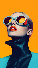 stylish woman with bold red lips and futuristic sunglasses poses against vibrant orange background, exuding confidence and modern fashion
