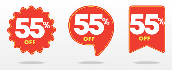 55% off. Business, price, e-commerce, sale tag, banner, social media, poster, ads, shopping, marketing, social network, offer, web, coupons. Set, trade, label, sticker