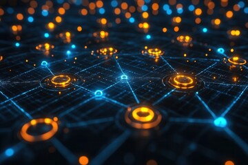 Complex network of glowing nodes and connections showcasing digital interaction in a futuristic setting