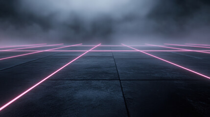 A striking display of neon lines illuminated against a dark surface, creating an abstract composition. The mist adds depth and an otherworldly feel to the environment.