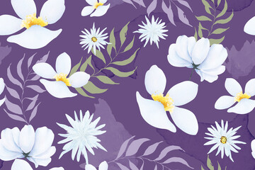Fototapeta premium Seamless pattern of white flowers and leaves painted in watercolor.Nature flora on purple background.For fabric luxurious and wallpaper, vintage style.Botanical floral pattern.