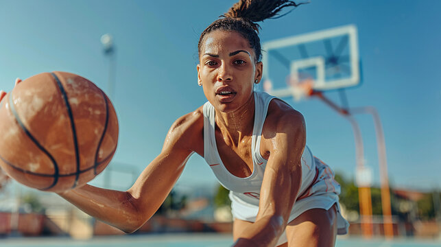 Focused on the Game: A determined female basketball player dribbles the ball, eyes fixed on the hoop, ready to make a play. The sun shines bright as she maneuvers with power and precision.