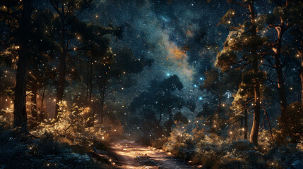 Enchanted Forest Pathway Beneath Starry Skies - Captivating Moonlit Trail for Custom Graphics and Messages