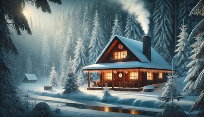 A cozy winter cabin in the woods with smoke rising from the chimney.
