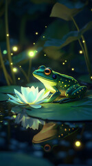 Exotic frog resting on a lily pad in a serene pond, surrounded by glowing lights and vibrant flowers, with a peaceful reflection on the tranquil water under a summer night sky in an enchanted, magical