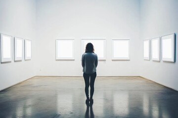 Woman viewing blank frames in art gallery.