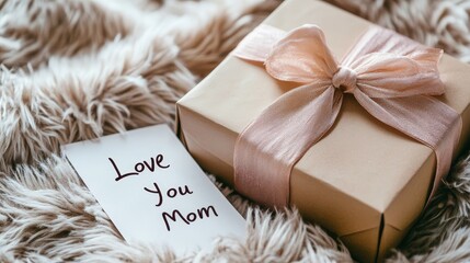 Simple Gift Box with Pink Ribbon and Message for Mother's Day