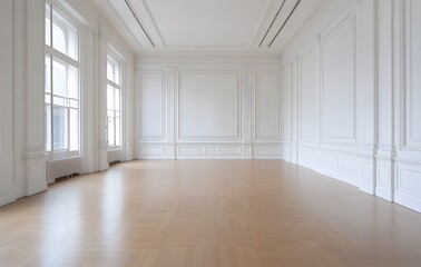 Elegant and Spacious White Wall with Classic Paneling and Warm Wood Floor