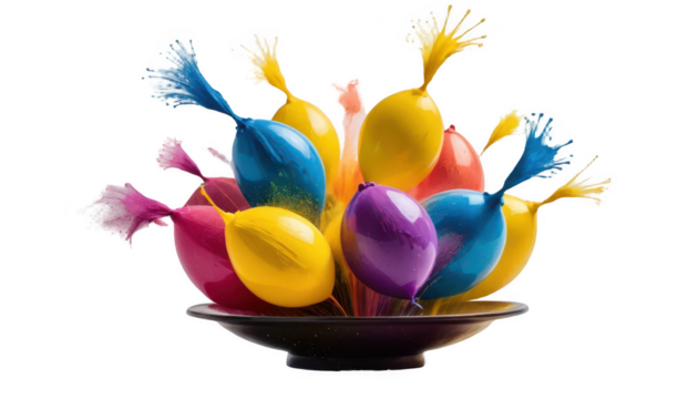 A combination of pichkaris, water balloons, and plates of gulal in a dynamic motion blur effect, with colorful streaks and powder trails swirling in the air, isolated on a white transparent background