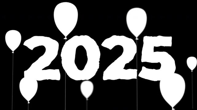 2025 title made of foil gold material among balloons with depth of field. Isolated title with luma mask.