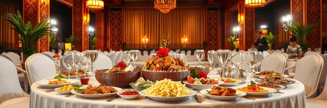 Traditional Thai khantoke dinner set on a table with various dishes such as curry, stir-fried vegetables, steamed rice, and grilled meats, dinner, banquet, exotic