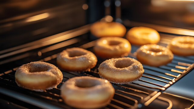 Freshly baked golden brown donuts with a soft texture, glazed and warm, tempting treats straight from the oven, perfect for indulgent snacks and comfort food in a cozy kitchen scene.