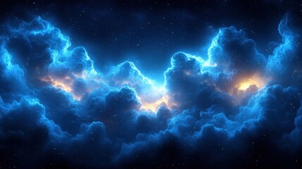 Luminous Cosmic Cloudscape A mesmerizing view of a vibrant nebula with glowing blue and orange clouds against a backdrop of a dark night sky studded w