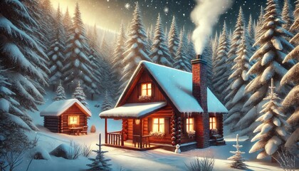 A cozy winter cabin in the woods with smoke rising from the chimney.