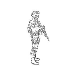 vector illustration of soldier with gun stand and watch around.eps