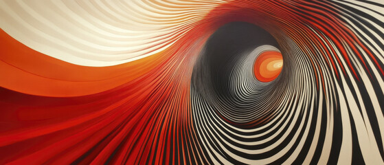 Dynamic lines converge in swirling pattern of red and black, creating depth and movement