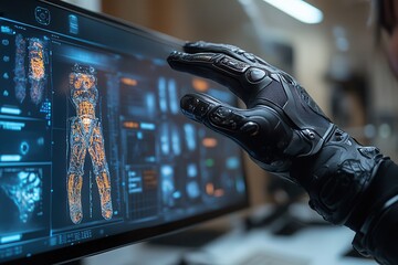 Advanced technology interface showcasing detailed suit analysis and digital interaction in a high-tech environment