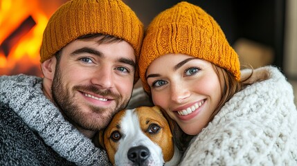 Happy Couple Smiling with Their Dog by the Cozy Fireplace