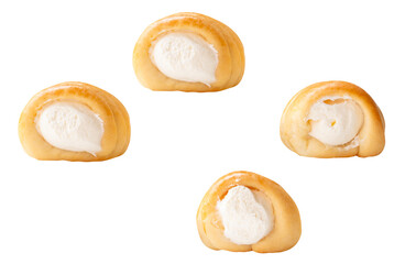 Top view set of puff pastry cream horns isolated with clipping path in png file format