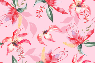 Fototapeta premium Seamless pattern of red flowers painted in watercolor on pink background.For fabric luxurious and wallpaper, vintage style.Hand drawn botanical floral colorful pattern.