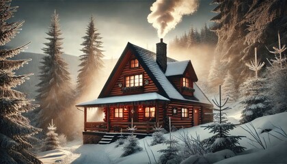 A cozy winter cabin in the woods with smoke rising from the chimney.