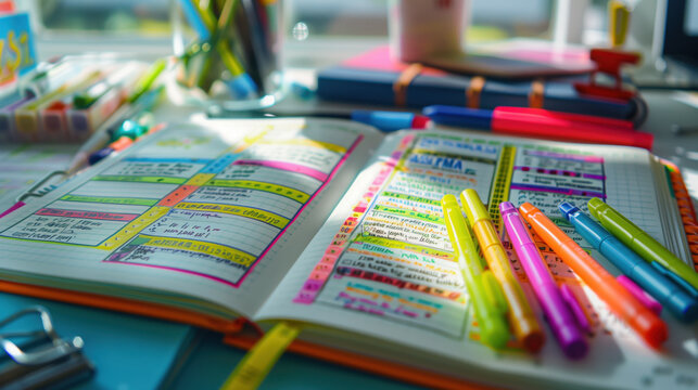A bullet journal layout with colorful markers, detailed to-do lists, and motivational quotes, showing creativity in organization and productivity.