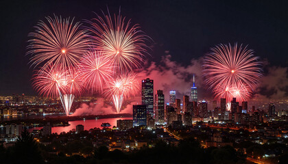 Vibrant fireworks illuminating city skyline at night, festive celebration