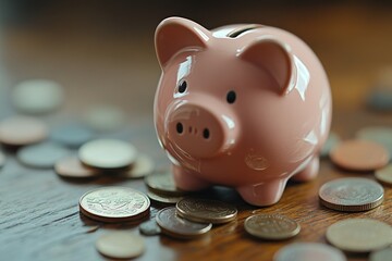 Pink piggy bank surrounded by scattered coins on a wooden surface highlighting savings and financial planning