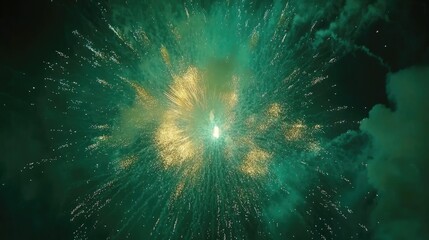 Vibrant green and gold fireworks explosion in night sky. Saint Patrick's Day, St Paddy's Day, St Patty's Day - Irish National Holiday and Cultural Celebration