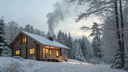 A cozy winter cabin in the woods with smoke rising from the chimney.