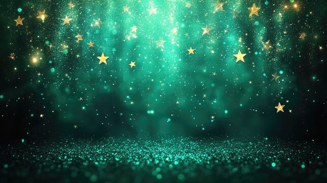 Sparkling green background with golden stars and glittering lights. Saint Patrick's Day, St Paddy's Day, St Patty's Day - Irish National Holiday and Cultural Celebration