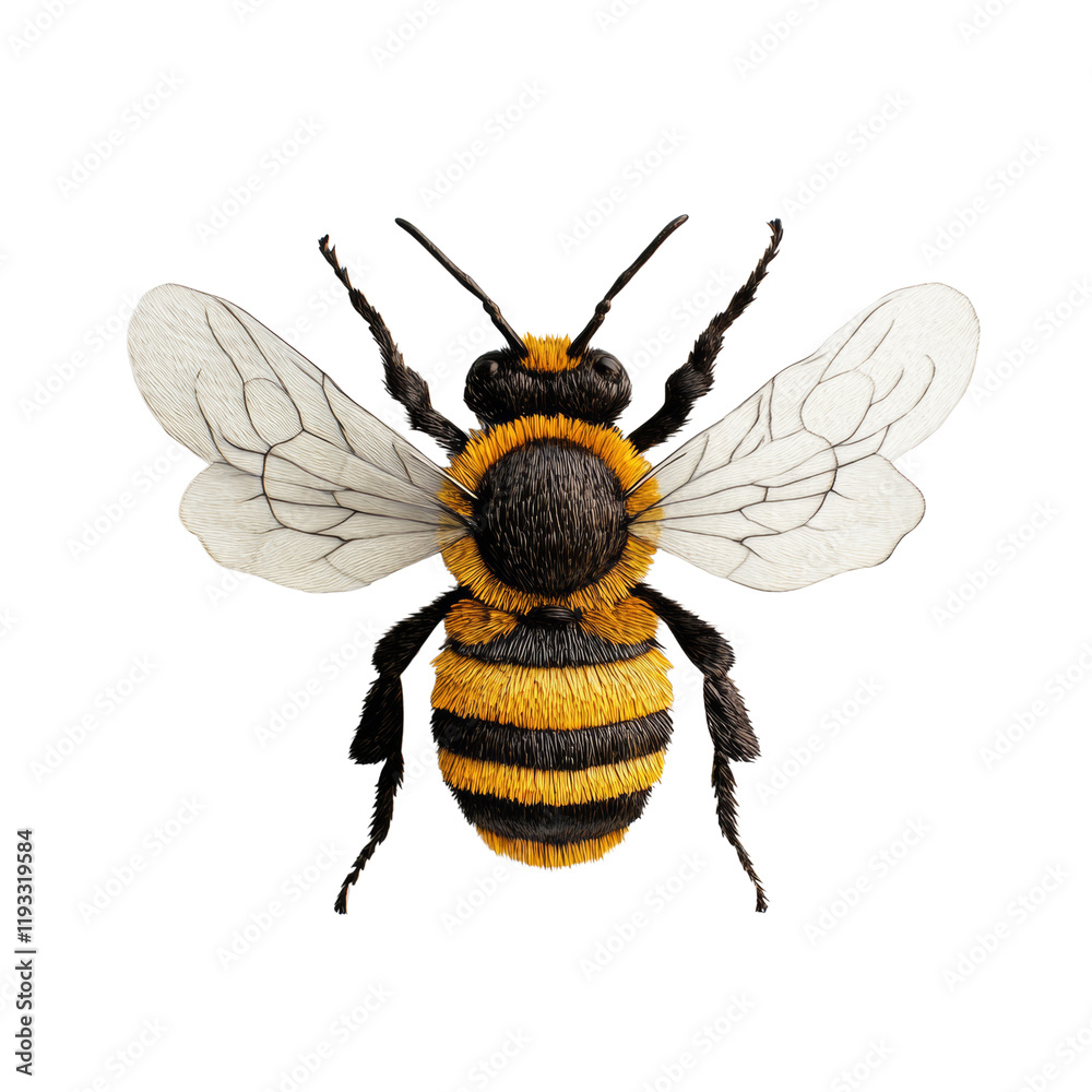 Poster a highly detailed image showcases a bumblebee in flight against a black background, highlighting its