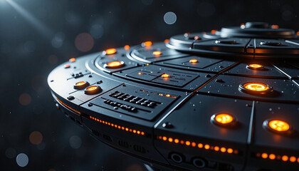 Intricate UFO surface with glowing panels, advanced extraterrestrial technology