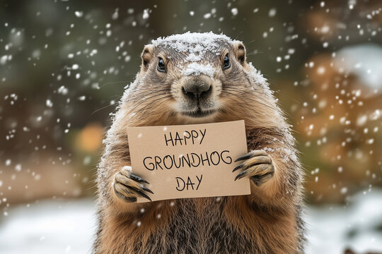 Happy groundhog day greeting card concept. Copy space background.