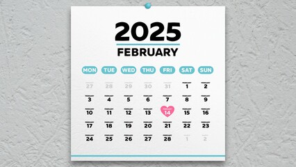 February 2025 wall calendar page with Valentine's Day date highlighted