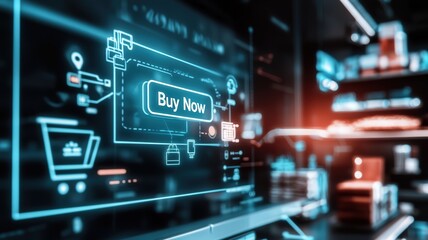 Obraz premium Futuristic Digital Interface with Buy Now Button and Shopping Icons