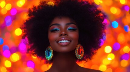Radiant african woman smiling against vibrant bokeh background