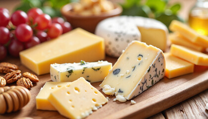 Assorted cheeses on cutting board with grapes and nuts, National Cheese Day