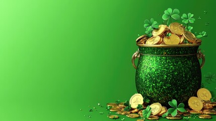 Green pot of gold coins with shamrocks on green background. Saint Patrick's Day, St Paddy's Day, St Patty's Day - Irish National Holiday and Cultural Celebration