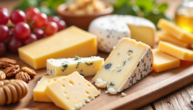 Assorted cheeses on cutting board with grapes and nuts, National Cheese Day