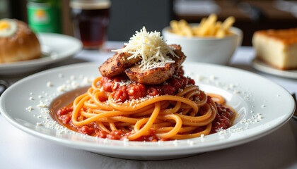 Amatriciana Spaghetti Topped with Freshly Grated Parmesan Cheese