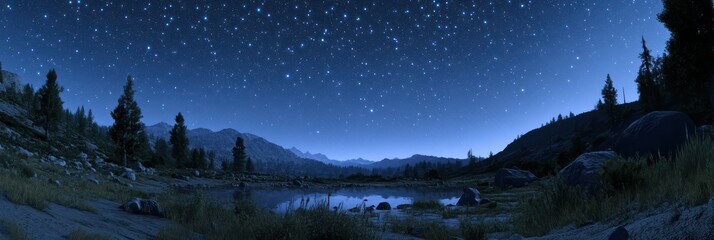 A peaceful clear night sky with thousands of stars twinkling over a calm mountain landscape
